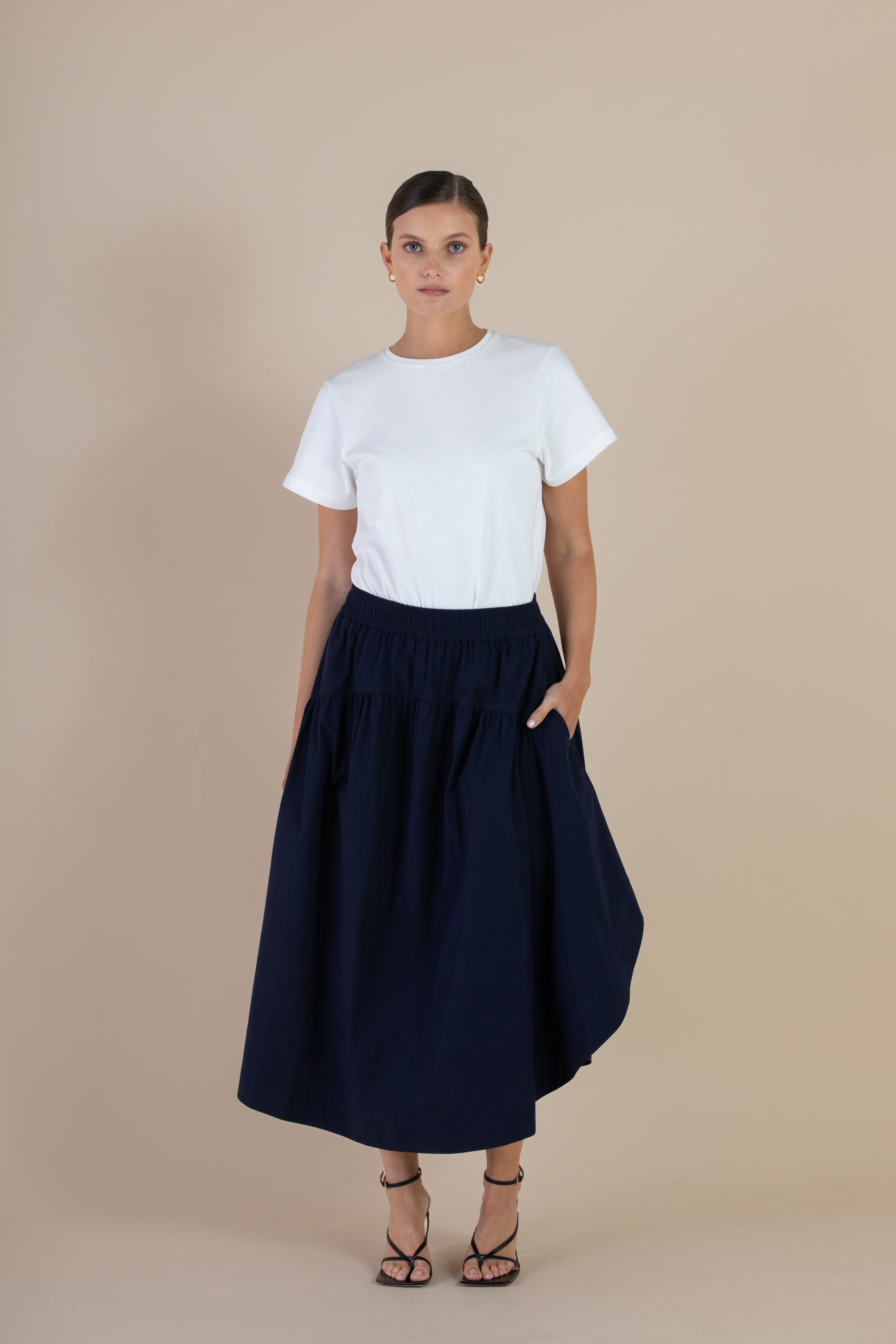 SELFE Sawyer Skirt in Midnight – front view of refined skirt with clean, modern silhouette