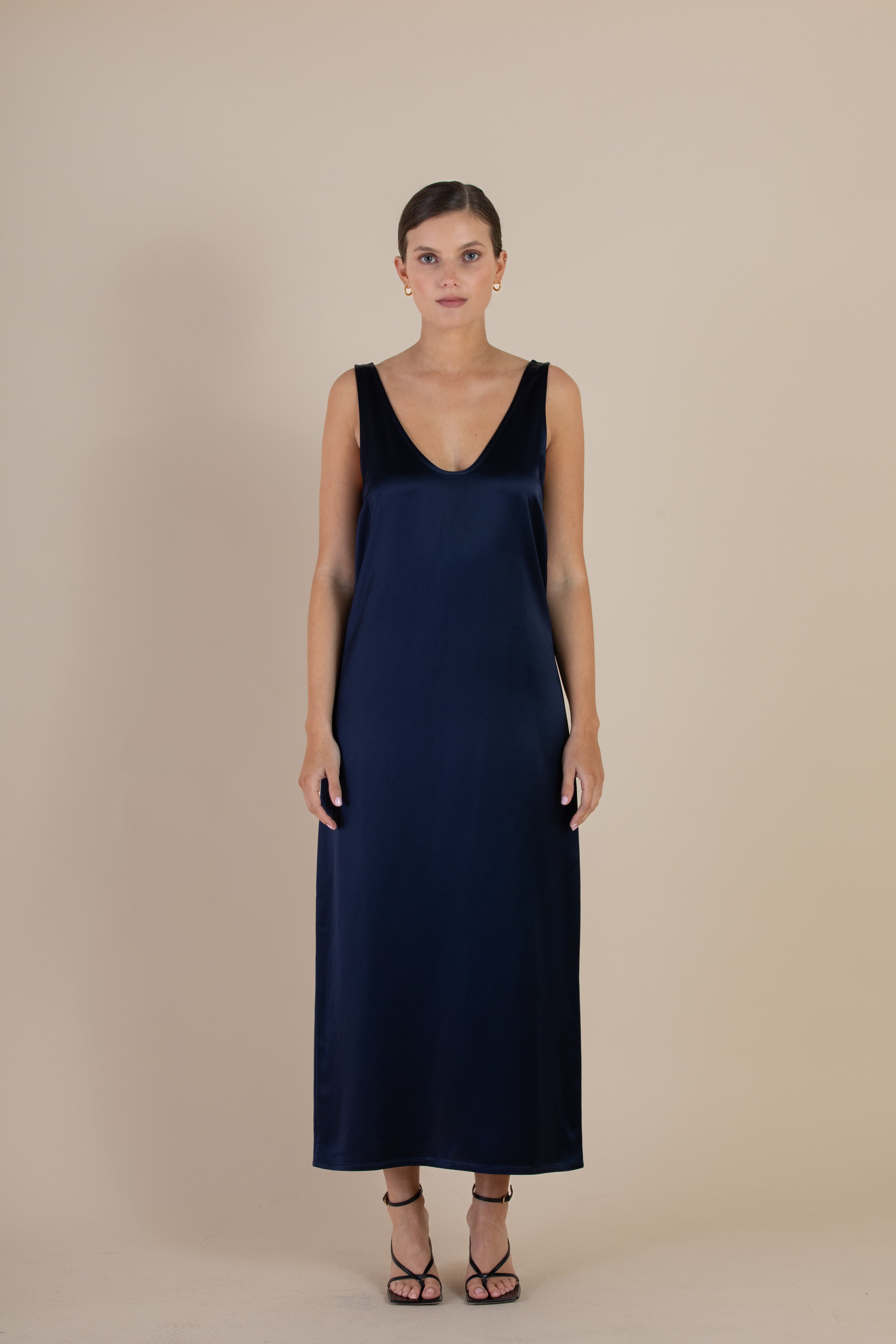 SELFE Cora Slip Dress in Midnight – front view of ankle-length slip dress with fluid silhouette