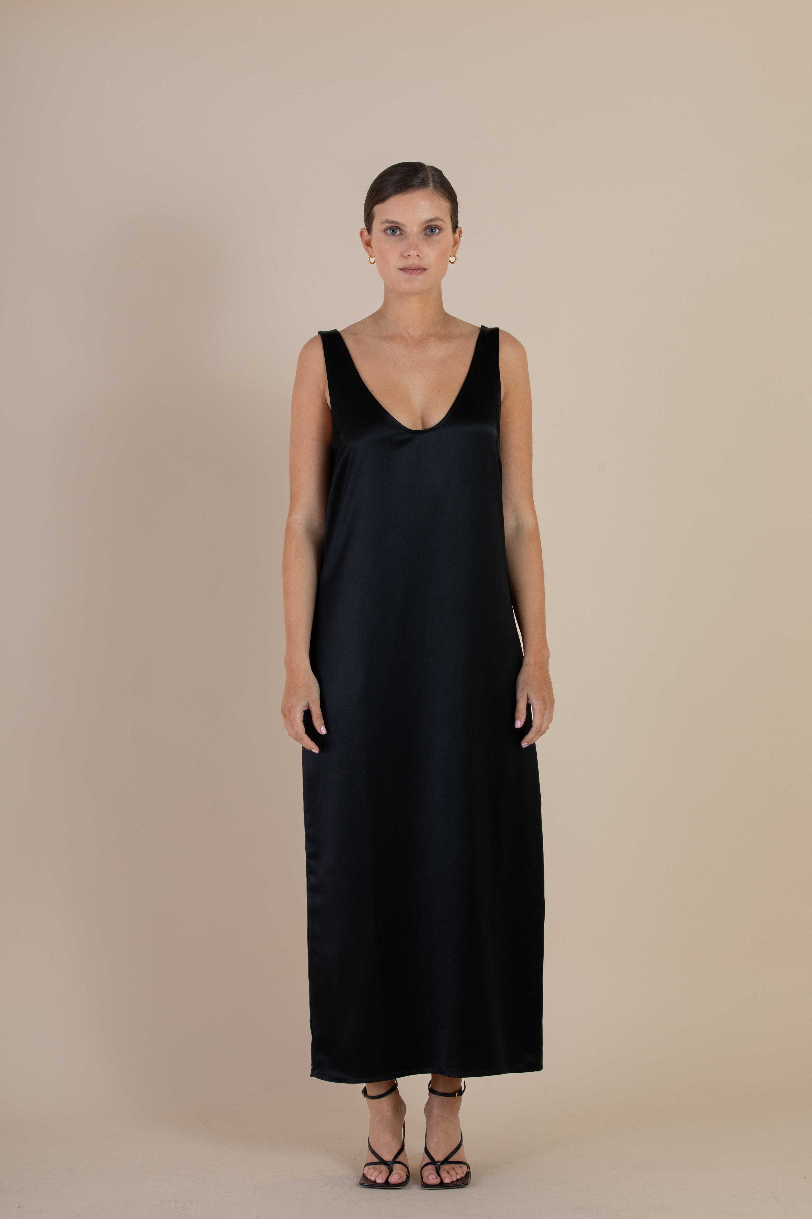 SELFE Cora Slip Dress – front view of ankle-length slip dress with fluid silhouette and centre-back hem split