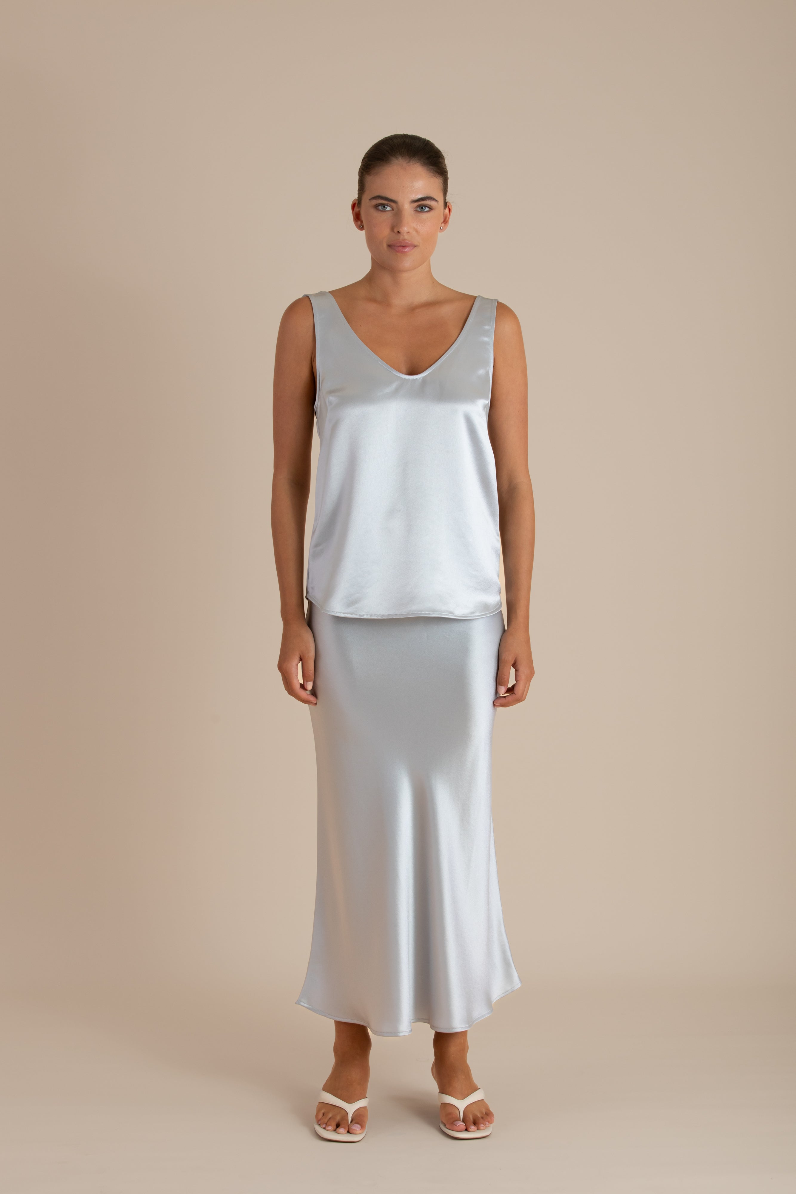 Margot Cami in Mystique satin, front view. A refined satin camisole with a fluid drape and minimalist silhouette.