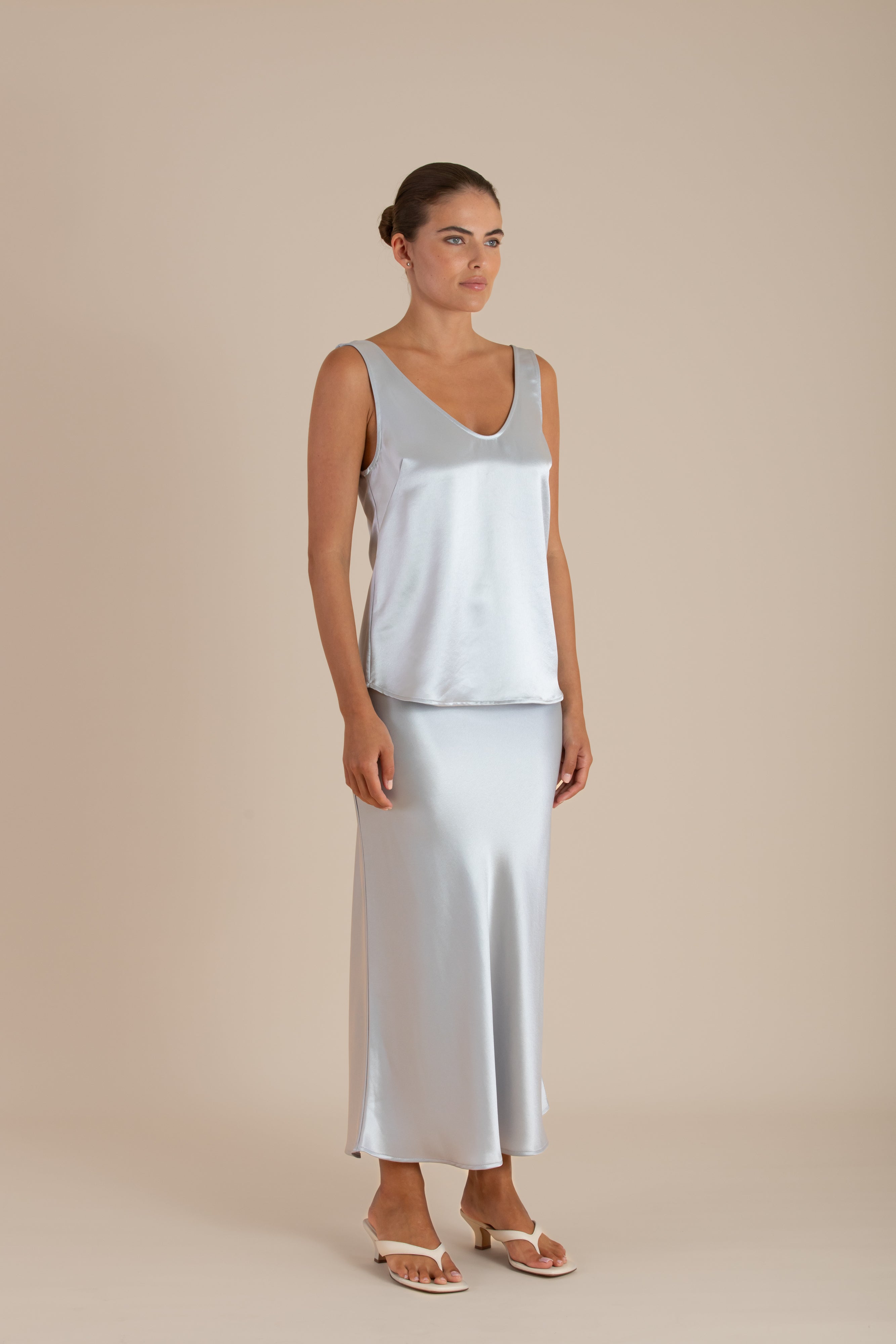Side view of the Margot Cami in Mystique satin, highlighting the sleek silhouette and soft satin drape.