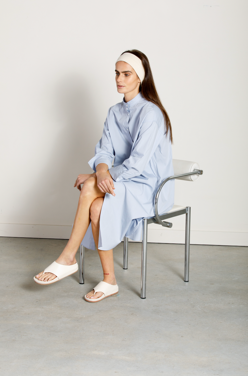 Collarless Long Sleeve Shirtdress
