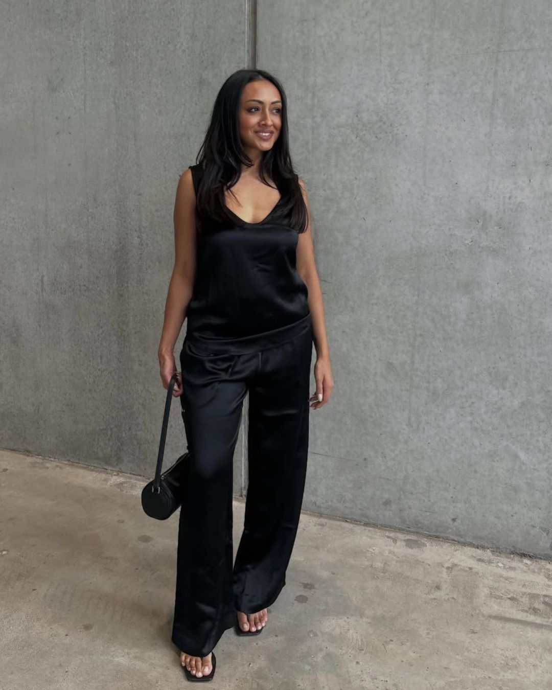 SELFE Margot Cami in Black styled by Natasha Carmel Rodrigues – elevated satin cami paired with the Adeline Pant