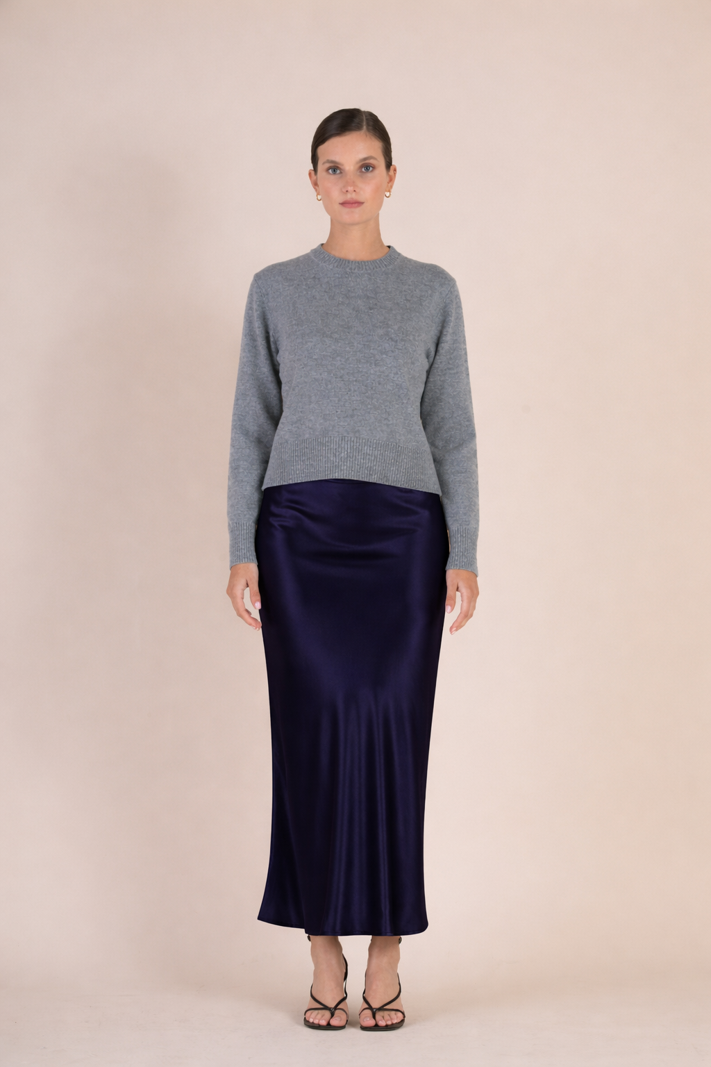 SELFE Sawyer Skirt in Midnight – front view of satin slip skirt with fluid silhouette