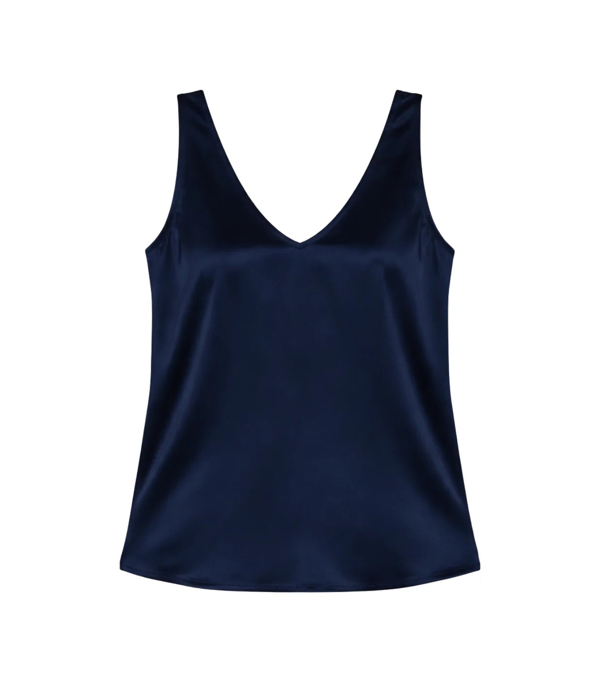 Ghost image front view of the Margot Satin Cami in Midnight satin, showcasing the fluid camisole silhouette.
